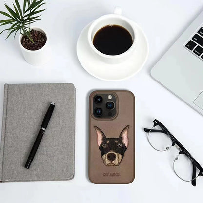 3D Embroidered Cute Dog Wolf Tiger Leopard Leather Phone Case For iPhone 15 Pro Max Protective Cover For iPhone 15 Pro 15 Plus