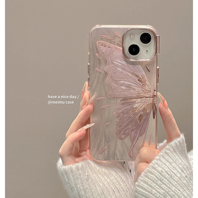 Luxury Pink Butterfly Laser Glitter Phone Case For iPhone 11 12 13 14 15 16 Pro Max 14 Plus Fashion Hard Shockproof Bumper Cover