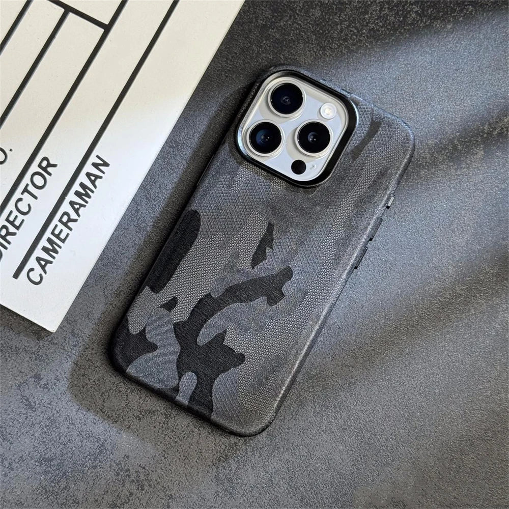 Luxury Camouflage Leather Shockproof Armor Magnetic Case For iPhone 16 Pro 15 14 13 12 Pro Max MagSafe Wireless Charge Cover