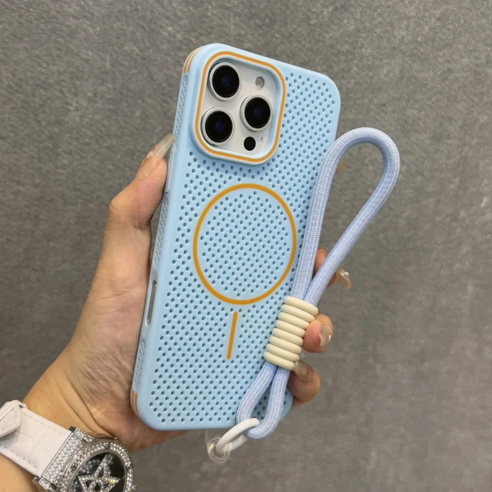 Breathable Heat Dissipation Mesh For Magsafe Magnetic Case For iPhone 16 14 15 Plus 13 12 Pro Max Wrist Strap Hand Lanyard Cover