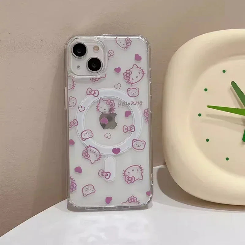 Cute Sanrio Hello Kitty Magnetic Wallet Holder Magsafe Wireless Charge Phone Case For iPhone 16 15 14 13 12 Pro Max Hard Cover