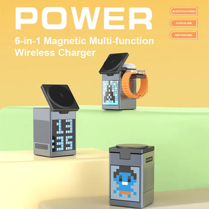 6-in-1 Magnetic Wireless Charging Station with Bluetooth Speaker, Alarm Clock, for IPhone, AirPods, IWatch-Multifunction Charger