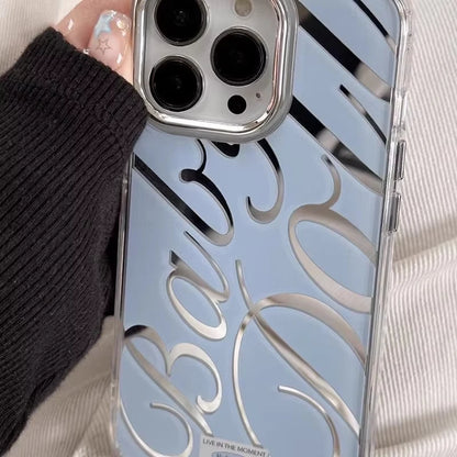 Blue/Silver Mirror iPhone Case – Clear Frame with English Text – PhonelyHub