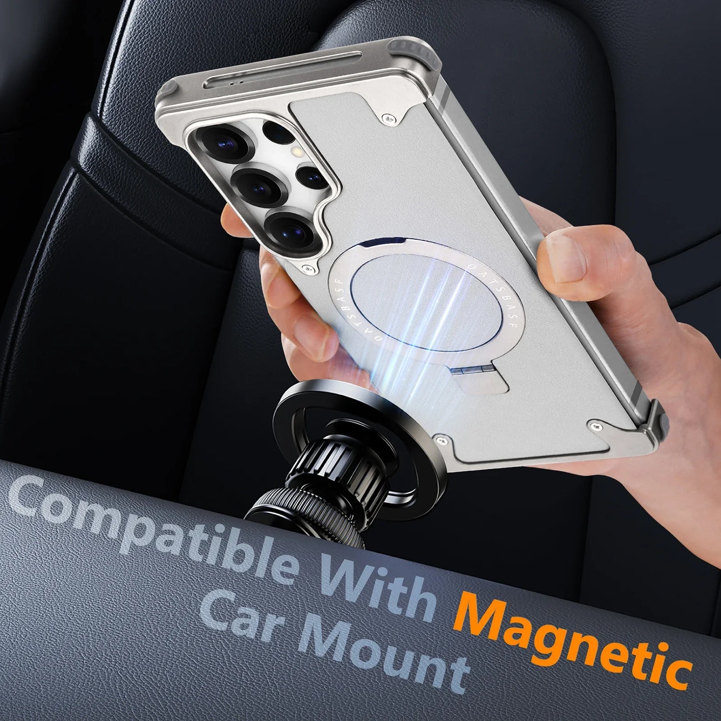 Oatsbasf Magnetic Frameless Phone Case for Samsung Galaxy S25 Ultra with Stand Adjustable Genuine Leather Shockproof Phone Cover
