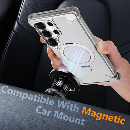 Oatsbasf Magnetic Frameless Phone Case for Samsung Galaxy S25 Ultra with Stand Adjustable Genuine Leather Shockproof Phone Cover