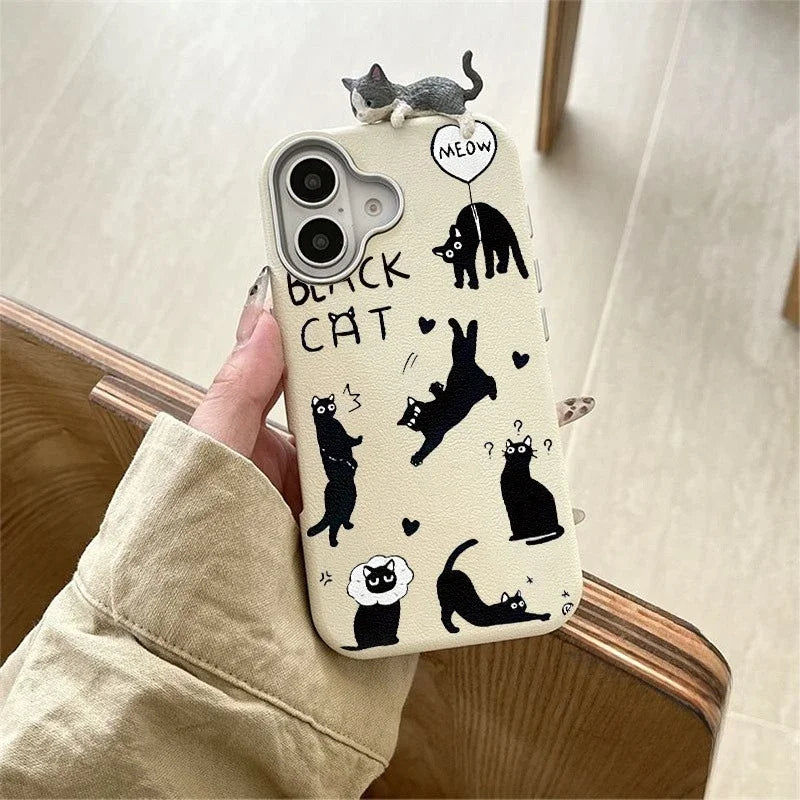 Funny Black Kitten 3D Doll Case Compatible for IPhone 15 11 16 12 14 13 Pro Max 15 16 Plus XR X XS Max Leather Texture Case ﻿