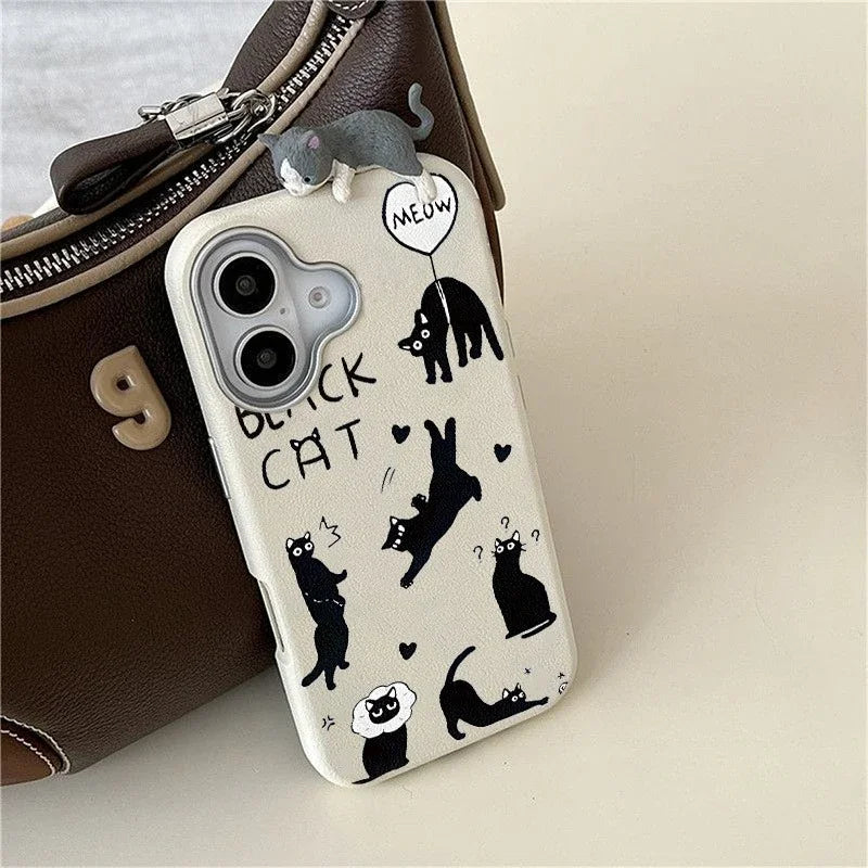 Funny Black Kitten 3D Doll Case Compatible for IPhone 15 11 16 12 14 13 Pro Max 15 16 Plus XR X XS Max Leather Texture Case ﻿