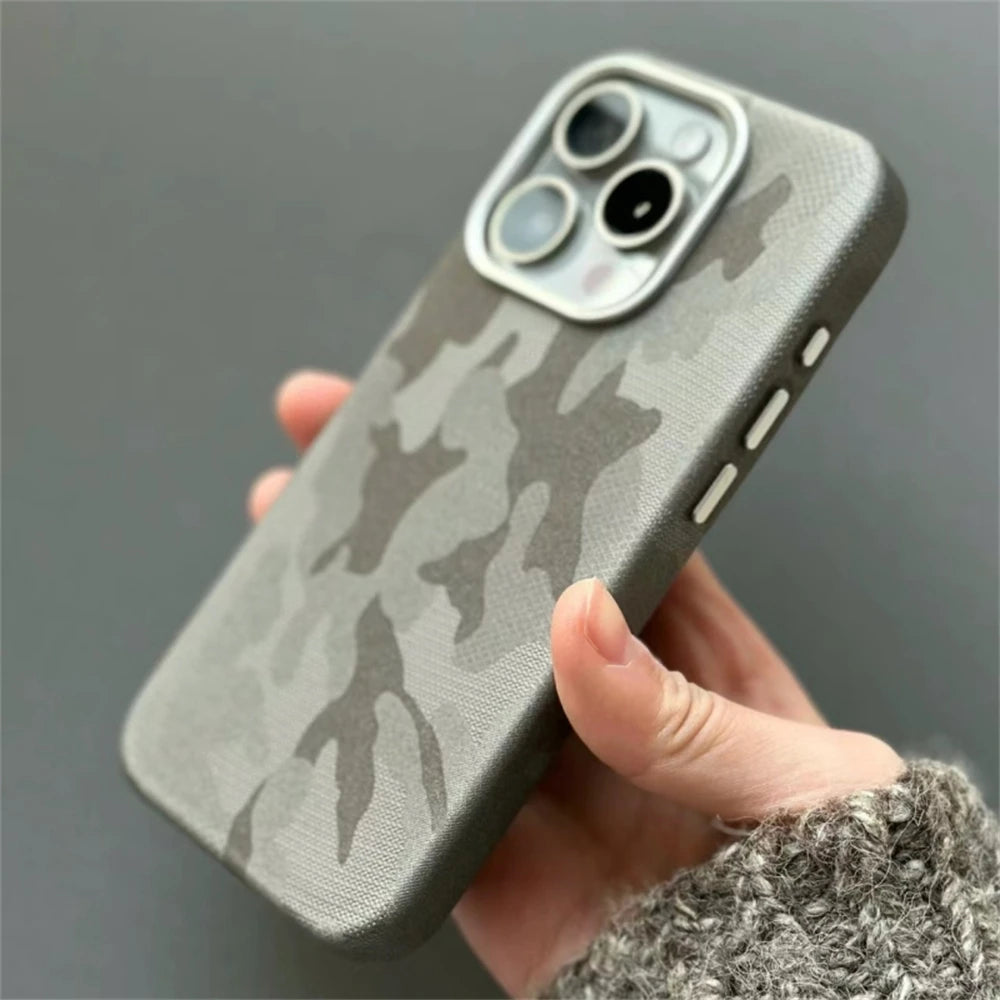 Luxury Camouflage Leather Shockproof Armor Magnetic Case For iPhone 16 Pro 15 14 13 12 Pro Max MagSafe Wireless Charge Cover