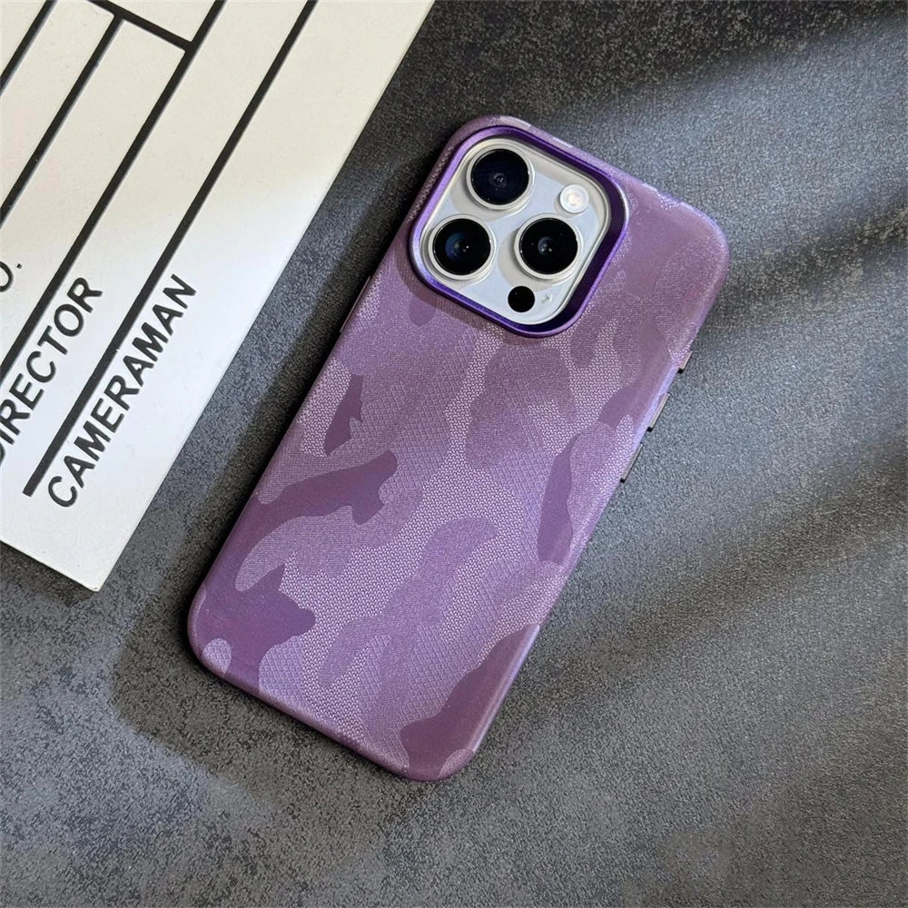 Luxury Camouflage Leather Shockproof Armor Magnetic Case For iPhone 16 Pro 15 14 13 12 Pro Max MagSafe Wireless Charge Cover
