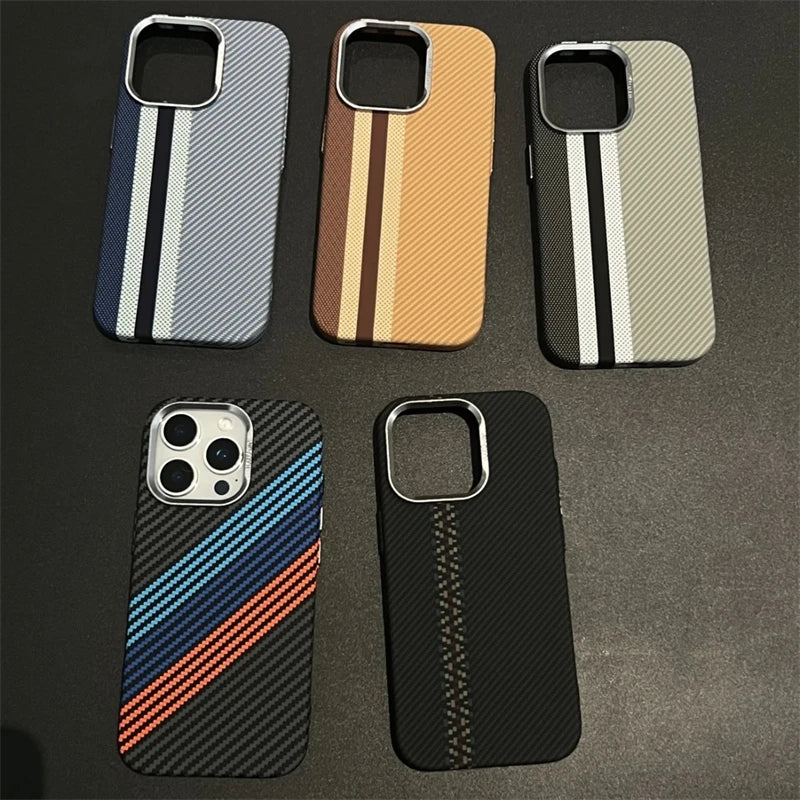 Ultra-Thin Carbon Fiber Texture MagSafe Phone Case For iPhone 16 15 14 13 12 Pro Max Wireless Charging Alloy Lens Hard PC Cover