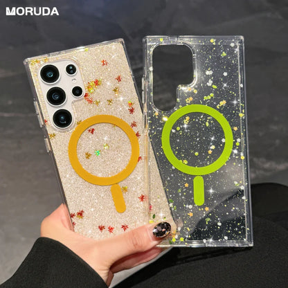 Transparent for Magsafe Glitter Flower Case for Samsung Galaxy S25 Ultra S25 Edge S24 Plus FE Magnetic Wireless Charging Cover