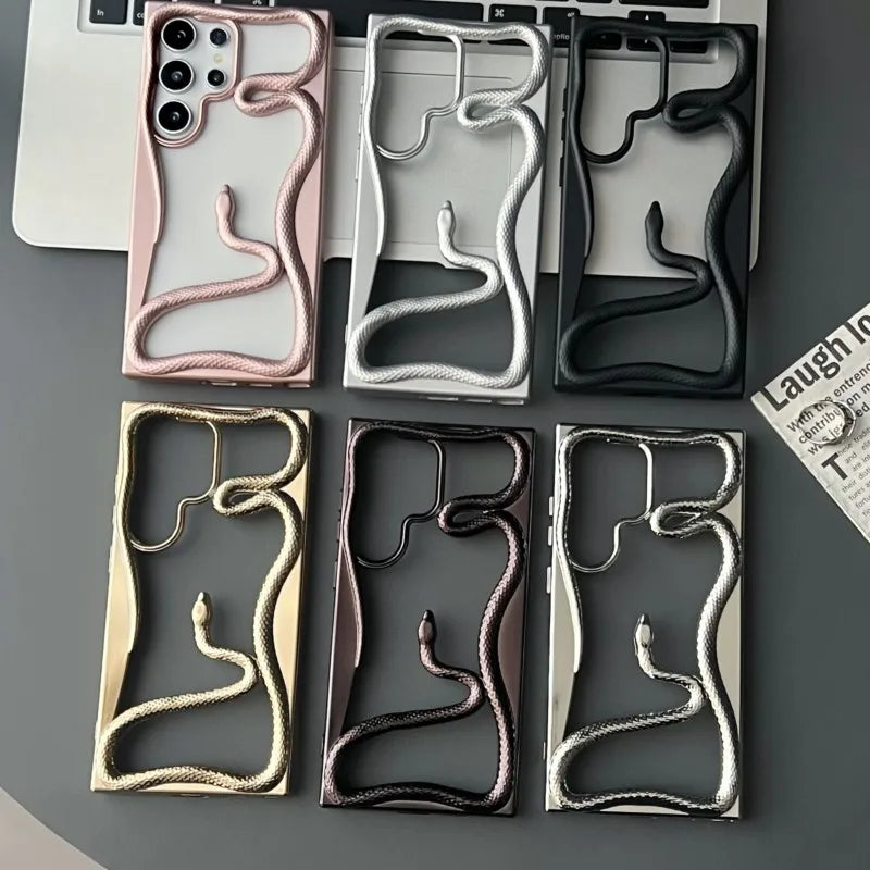 Luxury Plating 3D Hollow Out Snake Case for Samsung Galaxy S25 S24 S23FE S22 Ultra A15 A16 A55 A56 A36 A26 Soft Shockproof Cover