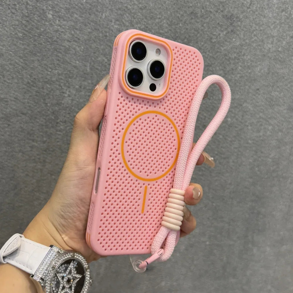 Breathable Heat Dissipation Mesh For Magsafe Magnetic Case For iPhone 16 14 15 Plus 13 12 Pro Max Wrist Strap Hand Lanyard Cover