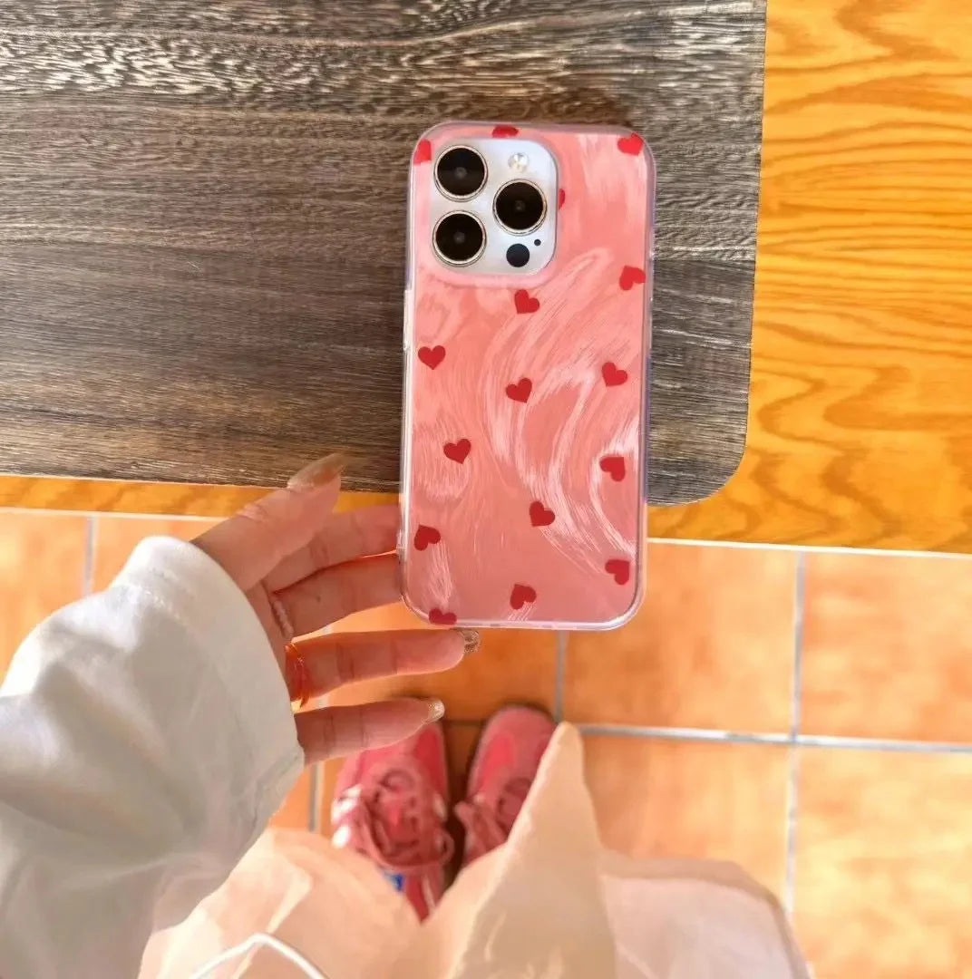 Fresh Pink Heart IPhone13promax Case Full Cover Suitable For 14pro Apple15p Feather Cute Trendy Off-Road Equipment Accessories