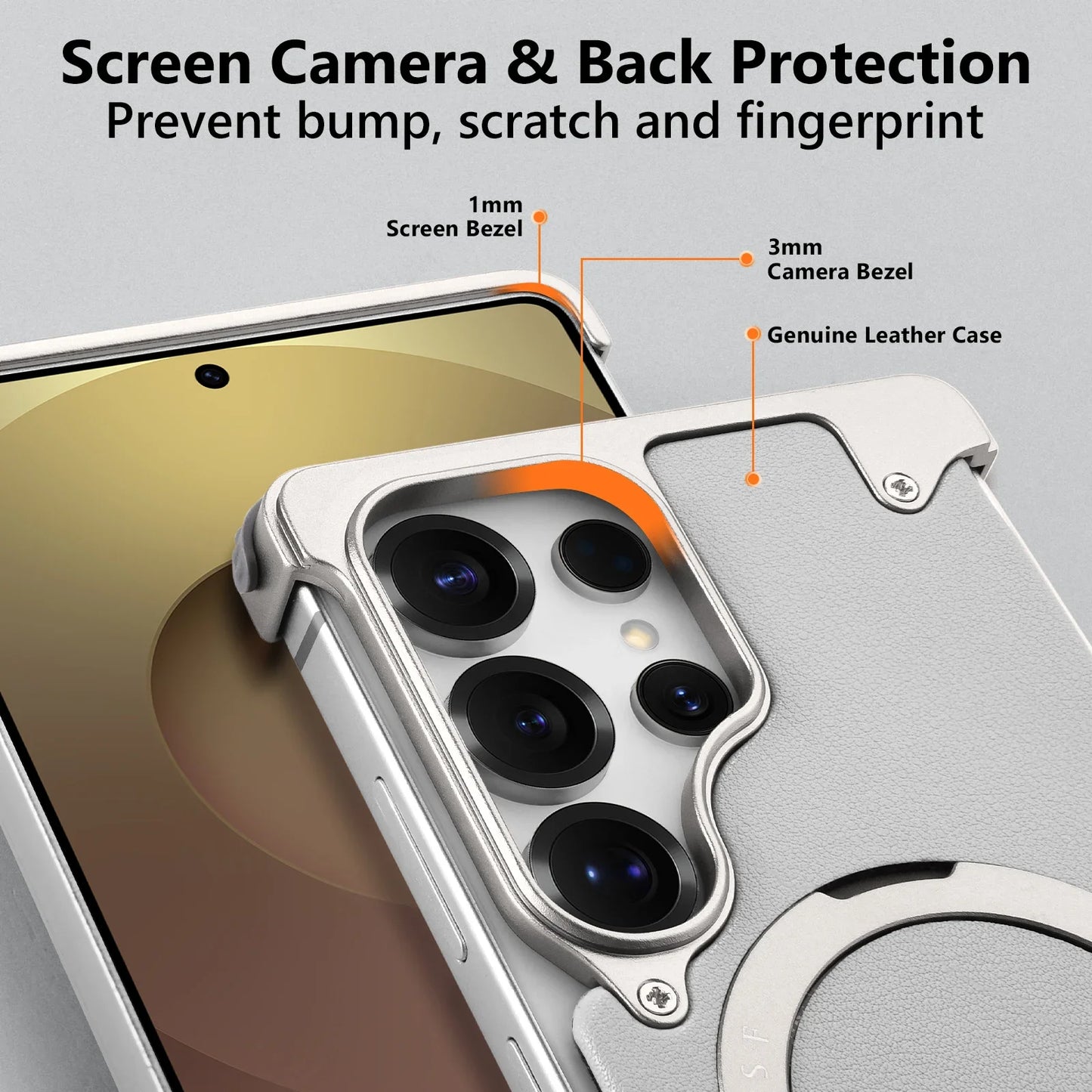 Oatsbasf Magnetic Frameless Phone Case for Samsung Galaxy S25 Ultra with Stand Adjustable Genuine Leather Shockproof Phone Cover