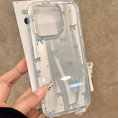 Luxury Korean Cute Aurora Blue Laser Bowknot Case For iPhone 16 15 14 13 Pro Max With Pendant Protective Shell Cover Girl Gift