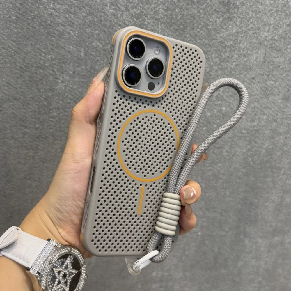 Breathable Heat Dissipation Mesh For Magsafe Magnetic Case For iPhone 16 14 15 Plus 13 12 Pro Max Wrist Strap Hand Lanyard Cover