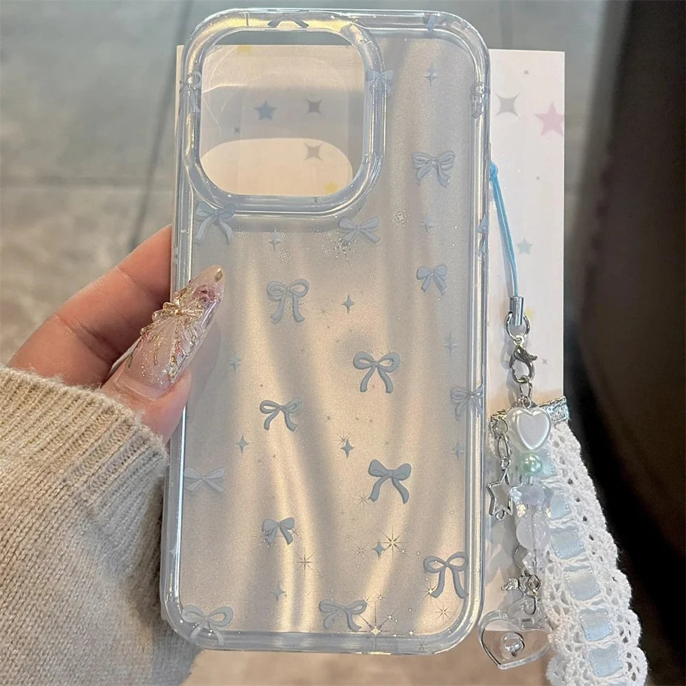 Luxury Korean Cute Aurora Blue Laser Bowknot Case For iPhone 16 15 14 13 Pro Max With Pendant Protective Shell Cover Girl Gift