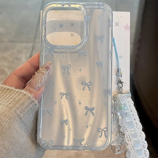 Luxury Korean Cute Aurora Blue Laser Bowknot Case For iPhone 16 15 14 13 Pro Max With Pendant Protective Shell Cover Girl Gift