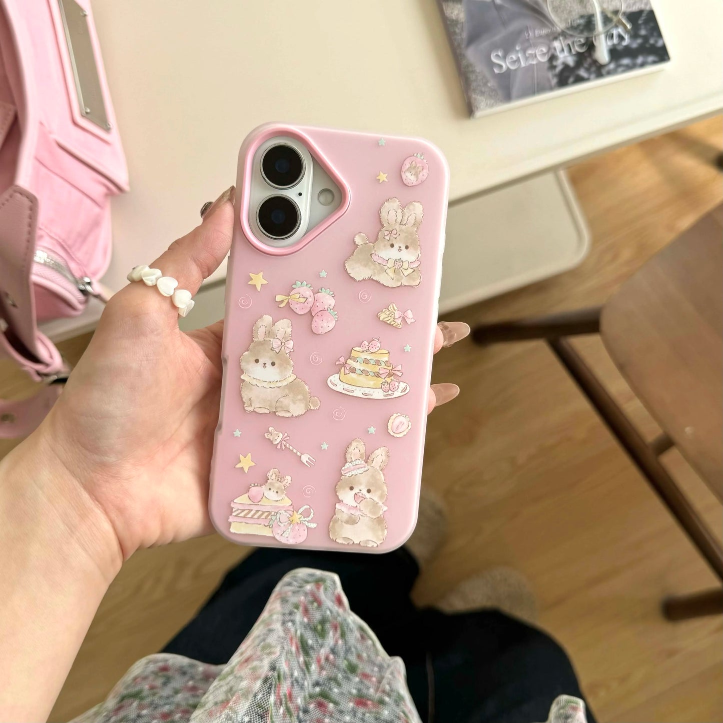 Pink rabbit bunny imd phone case for iphone 15 14 promax 13 16 pro max ins animal cute cartoon lovely back cover