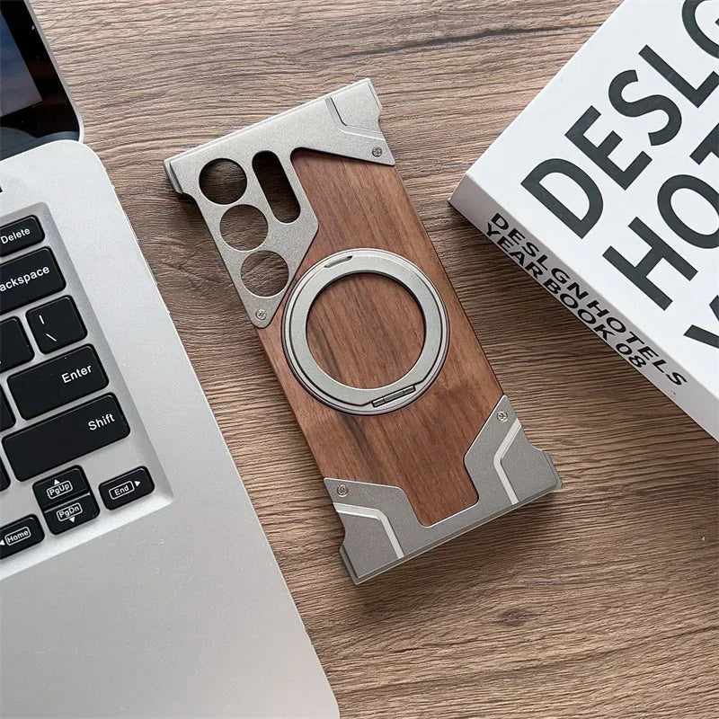 Samsung S22-S25 Ultra Walnut Wood Case - Magnetic 360° Rotating Cover | PhonelyHub