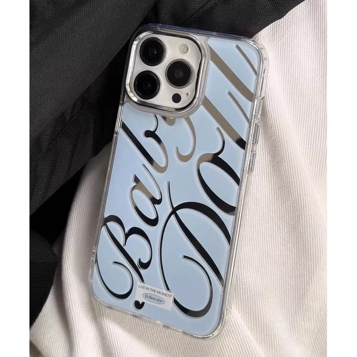 Blue/Silver Mirror iPhone Case – Clear Frame with English Text – PhonelyHub