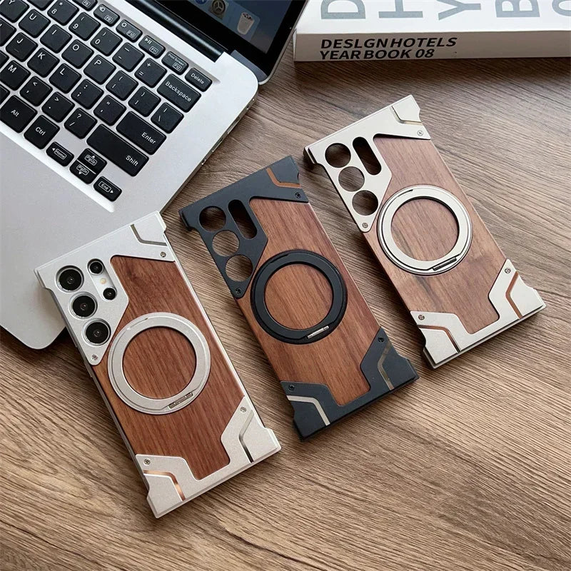 Samsung S22-S25 Ultra Walnut Wood Case - Magnetic 360° Rotating Cover | PhonelyHub