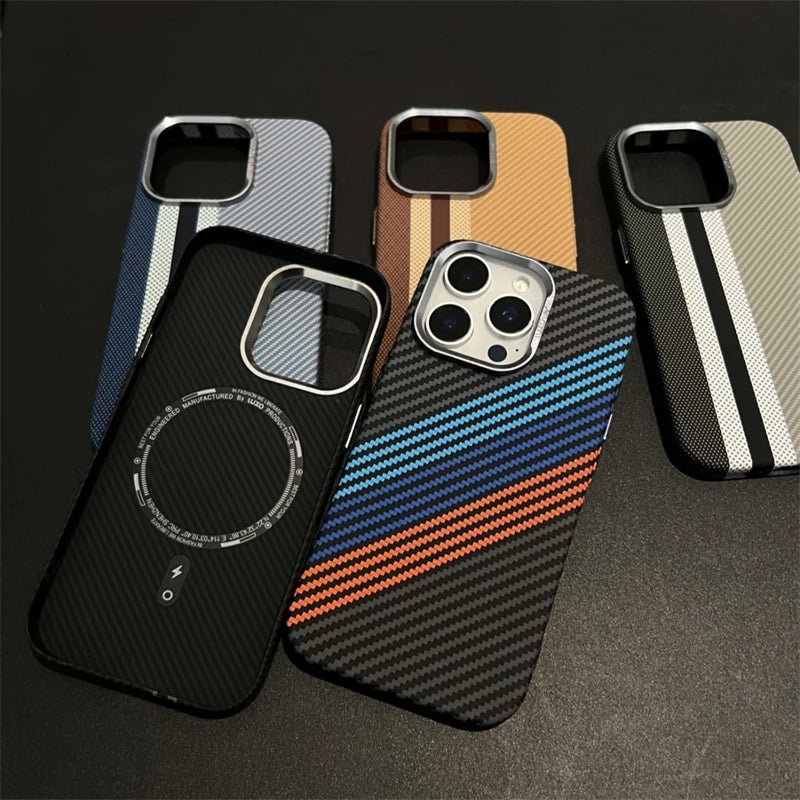 Ultra-Thin Carbon Fiber Texture MagSafe Phone Case For iPhone 16 15 14 13 12 Pro Max Wireless Charging Alloy Lens Hard PC Cover