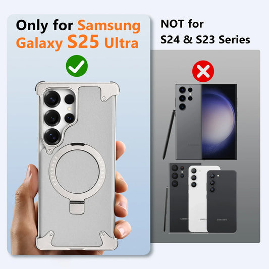 Oatsbasf Magnetic Frameless Phone Case for Samsung Galaxy S25 Ultra with Stand Adjustable Genuine Leather Shockproof Phone Cover