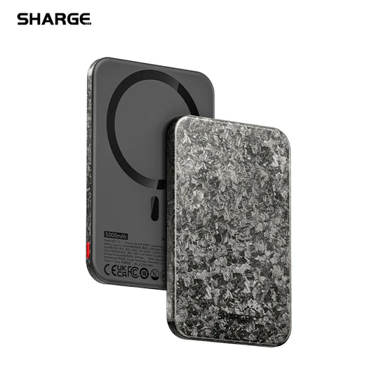 SHARGE CarbonMag Magsafe Power Bank Slim Magnetic Portable Charger 5000mAh Carbon Fiber PD 20W Fast Charging for iPhone 16 Pro