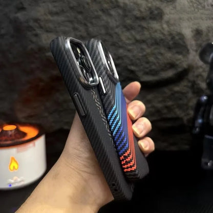 Ultra-Thin Carbon Fiber Texture MagSafe Phone Case For iPhone 16 15 14 13 12 Pro Max Wireless Charging Alloy Lens Hard PC Cover
