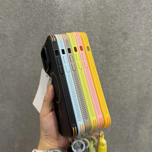Breathable Heat Dissipation Mesh For Magsafe Magnetic Case For iPhone 16 14 15 Plus 13 12 Pro Max Wrist Strap Hand Lanyard Cover