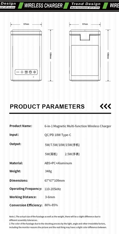 6-in-1 Magnetic Wireless Charging Station with Bluetooth Speaker, Alarm Clock, for IPhone, AirPods, IWatch-Multifunction Charger