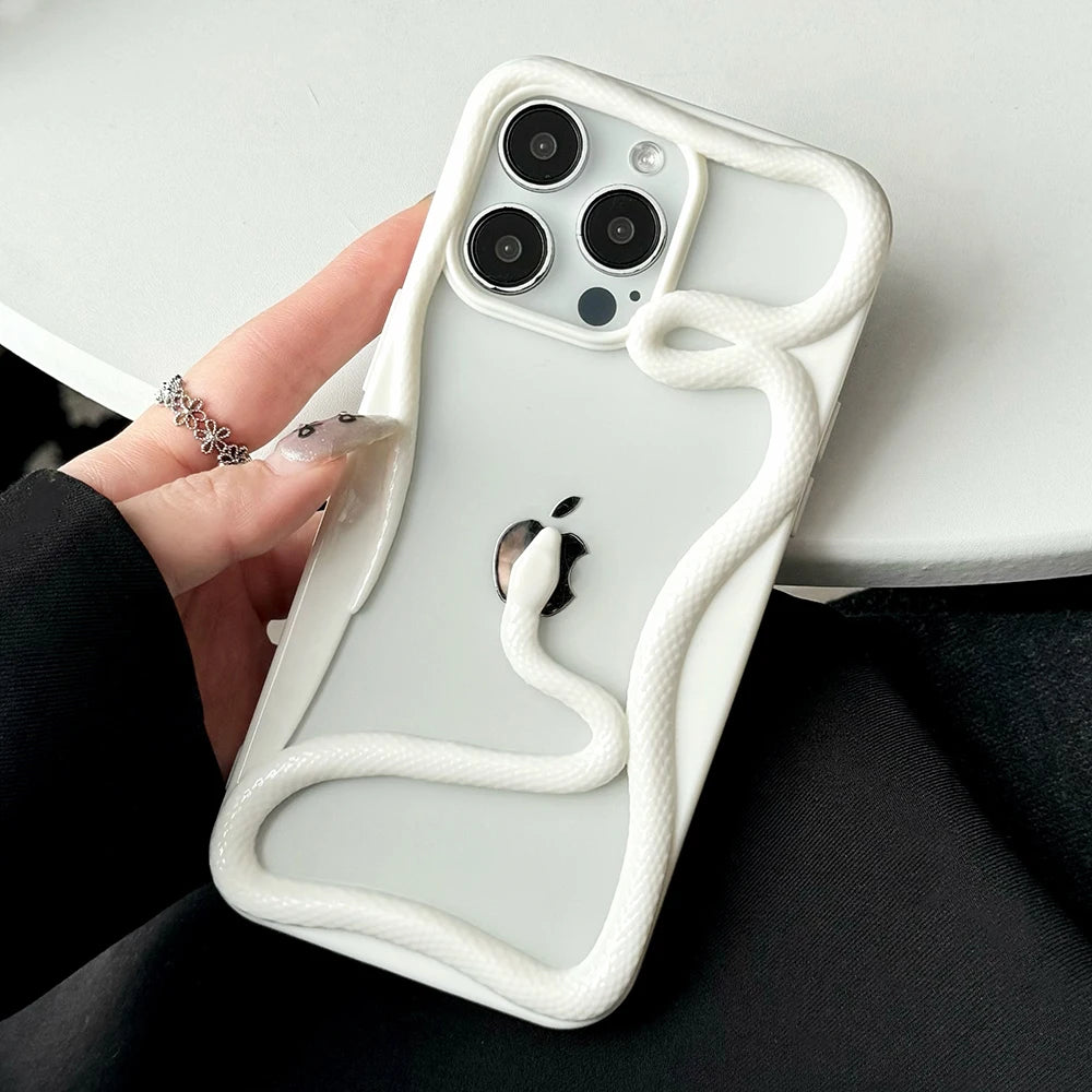 Cool 3D Snake Hollow Dissipate Heat Phone Case For iPhone 16 15 14 13 12 11 Pro Max Luxury White Shockproof Soft Silicone Cover