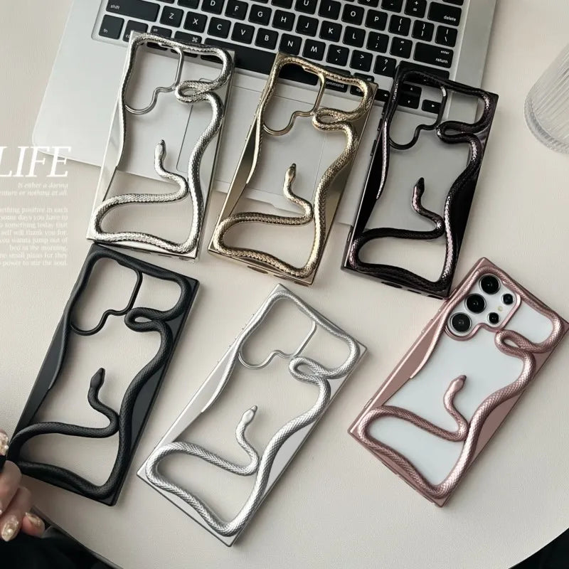 Luxury Plating 3D Hollow Out Snake Case for Samsung Galaxy S25 S24 S23FE S22 Ultra A15 A16 A55 A56 A36 A26 Soft Shockproof Cover