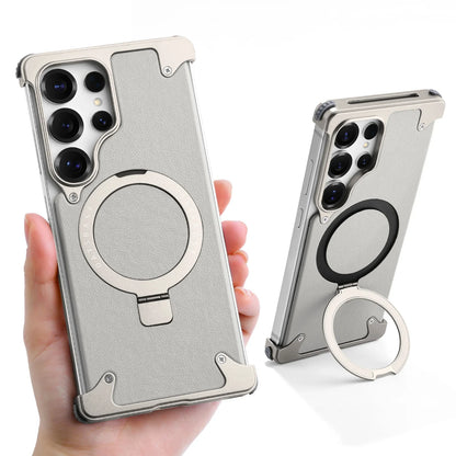 Oatsbasf Magnetic Frameless Phone Case for Samsung Galaxy S25 Ultra with Stand Adjustable Genuine Leather Shockproof Phone Cover